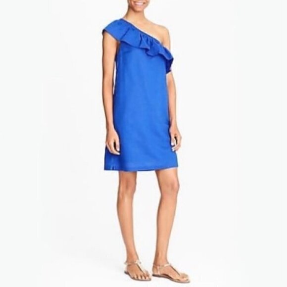 J. Crew Factory Linen Blend Dress XXS NWT Royal Blue One Shoulder Ruffle Party - Picture 1 of 7